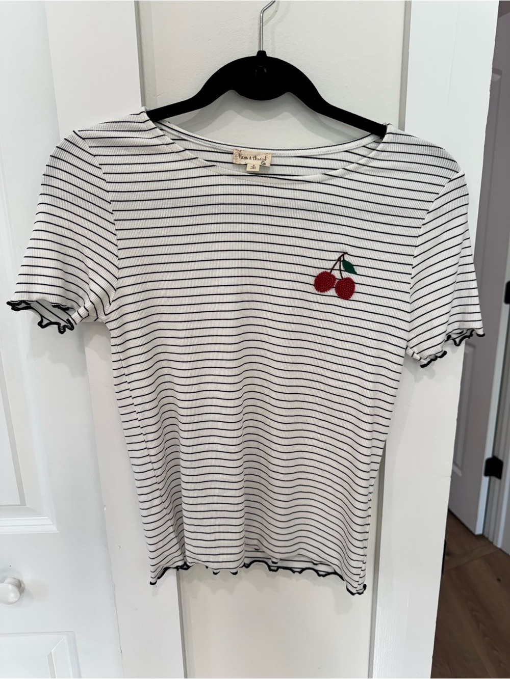 Hem & Thread White Black Striped Tee with Cherry Patch